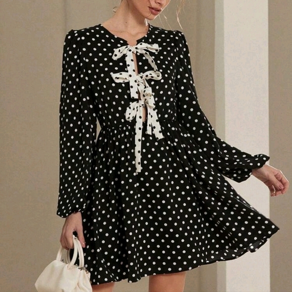 Women Classic Polka Dot Contrast Color Tie Front Long Sleeve Mini Dress - Picture 2 of 4